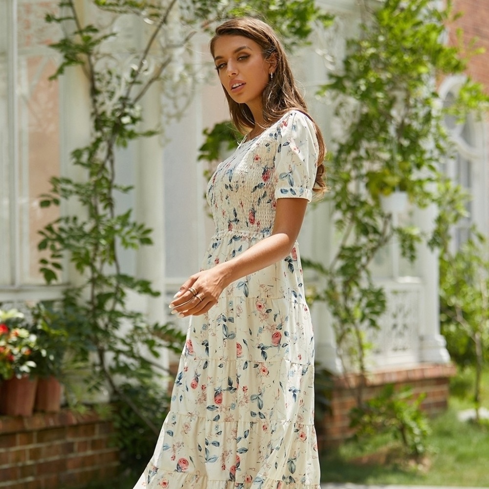 Sunset Rose Smocking Scoop Neck Floral Maxi Dress XL (fits like Large)